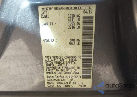 2015 Nissan Altima 2.5 S z USA, uszkodzony, nr VIN 1N4AL3AP9FC417929